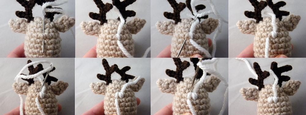 Step by step Photo Tutorial How to embroider eyes on Crochet Reindeer Christmas Ornament